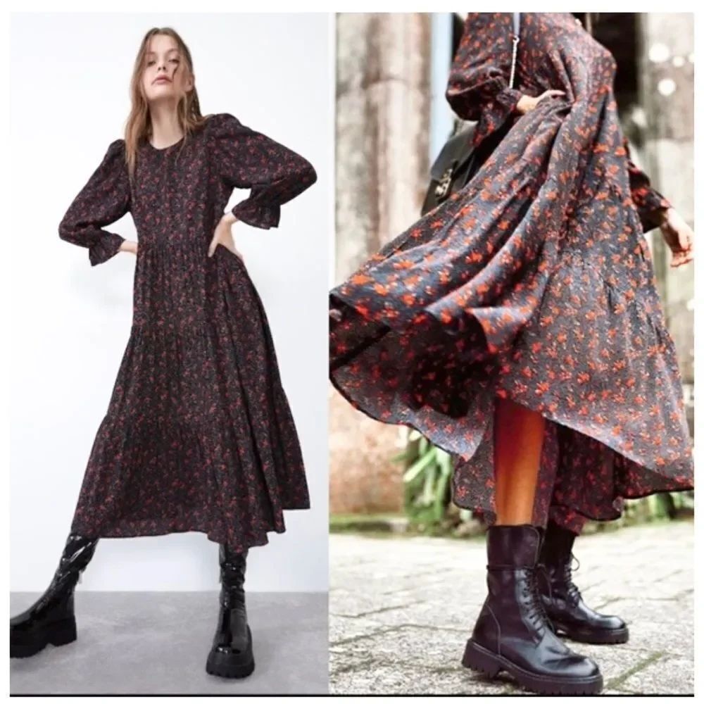 ZARA boho black polka dots & ditsy floral print long sleeves midi dress M